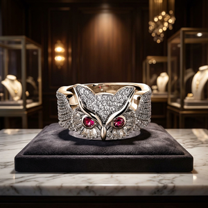 Bague Cocktail en Forme de Hibou Très Demandée, Yeux Rubis, Sertissage Canal, Plaqué Or, Argent 925, Certifiée IGI, Style Luxe, Bijoux Unisexe - Product Image 5