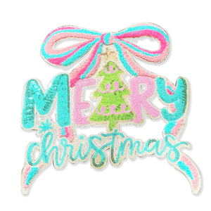 2025 Mới Tùy Chỉnh Bow Lớn Vui Vẻ Và Tươi Sáng Giáng Sinh Long Lanh <span class=keywords><strong>Sequin</strong></span> Thêu Chữ Sắt Trên Các Bản Vá Lỗi Cho Tự Kết Dính Quần Áo - Product Image 1
