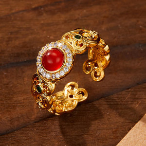 MyMuYu Red Agate Filigree Open Ring Gold Plated Adjustable Index Finger Band Cultural Collectible Jewelry - Product Image 1