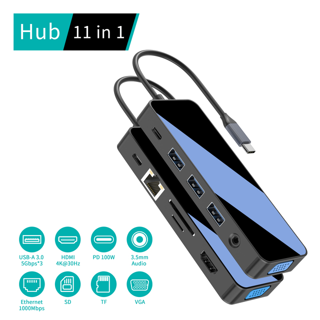 Multi Type c Hub 11 in 1 Usb c Docking Station Adapter 4K HDTV USB RJ45 SD/TF Card Hub Factory Use for HUAWEI PC Phones Macbook
