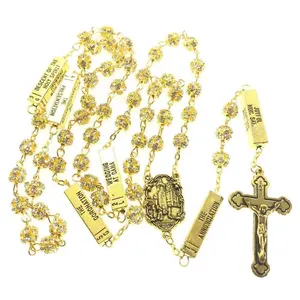 Bling bling 8mm altın renk kristal rhinestone boncuk beş gizemleri tespih dini katolik rosario