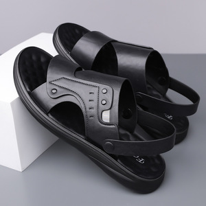 T-Strap Men's <b>Sandals</b> Brown Black Thick Sole Breathable Leather Slip-On Summer Casual Shoes - Product Image 4