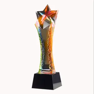 ADL High Quality Colorful 5 Star Column Pillar Crystal Trophy / Optical Star Twist Column Crystal Award Trophy Medal