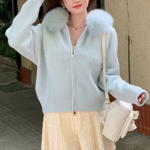 Nuovo Waffle da donna lavorato a maglia in pelliccia di volpe naturale con cappuccio Cardigan uncinetto con cerniera maglioni cappotto invernale tinta unita <span class=keywords><strong>vestiti</strong></span> corti Top manica lunga - Product Image 3