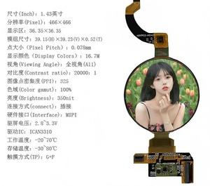 หน้าจอ AMOLED ทรงกลมขนาด 1.43 นิ้ว ความละเอียด 466*466, อินเทอร์เฟซ ALL VIEW MIPI พร้อมไดรเวอร์ IC ICAN3310 ความสว่าง 350nit รองรับสี 16.7 ล้านสี สำหรับสมาร์ทวอทช์ - Product Image 1