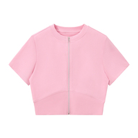 T-shirt court zippé tendance pour femme, 220g, en coton stretch, coupe ajustée, style universitaire, manches courtes, polyvalent, streetwear