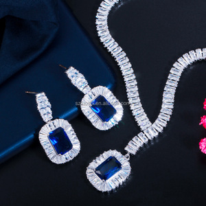Fashion Bling Gold Plated Square Blue Cubic Zirconia Necklace Drop Earrings Women Party Jewelry Set for Wedding Brides <strong>Costume</strong> - Product Image 3