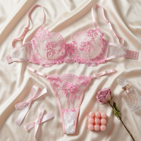 Conjunto de lencería sexy y cómoda de encaje con bordado 3D y control ligero, de malla transparente, para mujer, talla grande, con sujetador y tanga, al por mayor