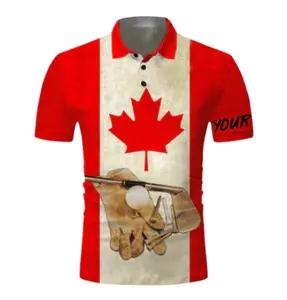 Kemeja Golf pria motif bendera Kanada nama anda sesuai pesanan besar dan tinggi longgar pas badan sedang lengan pendek kancing Polyester elastis Polo