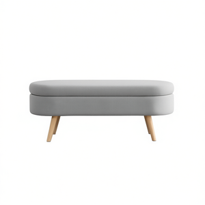 Oval <b>Storage</b> Ottoman Bench Grey Fabric Rubber Wood Legs 43.5x16x16 Inches Midcentury Modern Living Room Furniture - Product Image 1