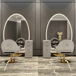 Mobili <span class=keywords><strong>da</strong></span> salone negozio di barbiere Black Styling Led Hair Full Body Salon Circular Wall Mirror Station Led <span class=keywords><strong>parrucchiere</strong></span> - Product Image 3
