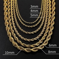 Chaîne en corde torsadée en acier inoxydable 2mm-8mm style Hip-hop, collier électroplaqué inaltérable, unisexe, usage quotidien, vente en gros