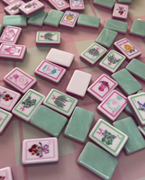 Jeu de tuiles de mahjong américaines en acrylique double couche à motif floral botanique vintage, vert menthe, pièces de jeu personnalisées