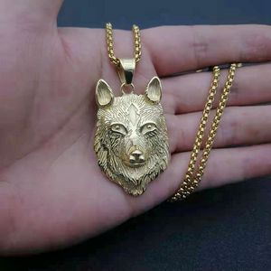 Collier avec pendentif tête de loup en acier inoxydable, design du zodiaque animal unisexe, bijoux à la mode en tons or et argent - Product Image 5