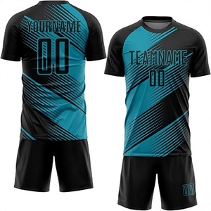 Ensemble de tenue de football pour hommes, noir et turquoise, imprimé géométrique, sublimé, manches courtes, évacuation de l'humidité, uniforme athlétique toutes saisons - Product Image 1