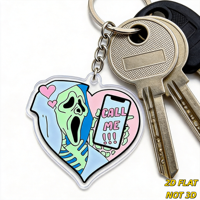 Spookachtig hart acryl sleutelhanger Screaming Spirit met CALL ME telefoon & roze harten, metalen ring + ketting voor sleutels, tassen