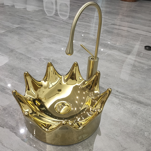 Lo último en lavarse a mano Lavavo Unique Crown Shaped Counter Golden Sink Ceramic Black Basin Bathroom Sink Vessel - Product Image 3