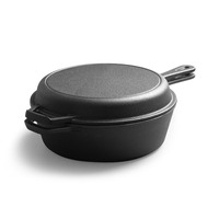 Poêle à frire en fonte à double usage, fond plat, pour steak, usage domestique, sans revêtement, épaissie et profonde, avec deux poignées, faitout avec couvercle