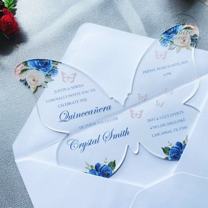 Bebé azul Floral claro mariposa acrílico dulce 15 años tarjeta de invitación de quinceañera - Product Image 2