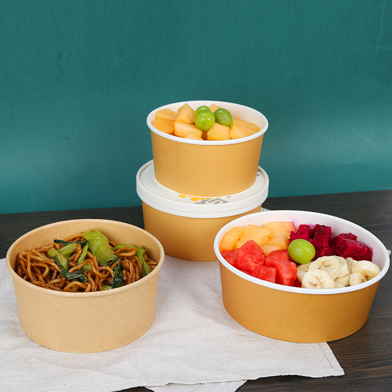 Custom Kraft Paper Disposable Take Away Container with Lid for Soup Cup Bowl Dessert Rice Salad Noodle Snack Packing on Sale