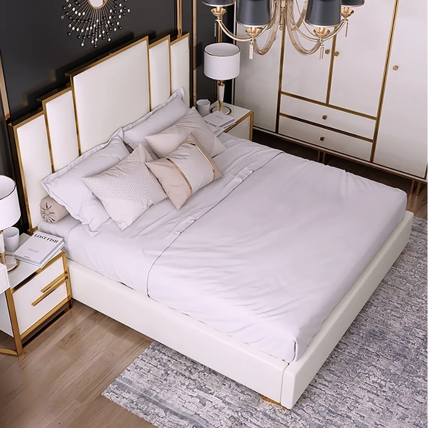 Modern white geometric headboard included faux leather queen upholstered bed