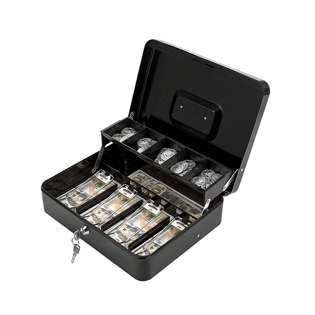 Personalized Modern Iron & Steel Metal Cash Box Tiered Money Coin Tray and Bill Slots With Key Lock Safe Box for Money