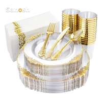 SANOSH 175 pièces Assiettes jetables en plastique de plusieurs couleurs avec bord doré, cuillères, couteaux, fourchettes, serviettes et gobelets pour mariage et fête
