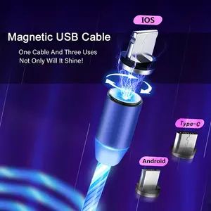 LVSHUO चुंबकीय तेजी से चार्ज यूएसबी केबल की ओर बहने वाली हल्की फोन सामान केबल यूएसबी एलईडी चमकदार माइक्रो प्रकाश डाटा केबल