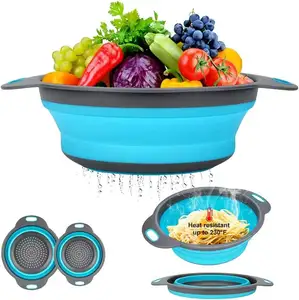 Hot Sale 2 pcs Silicone Foldable Filter Strainer Round Collapsible Colander Kitchen Plastic Fruit Vegetable Washing Drain Basket