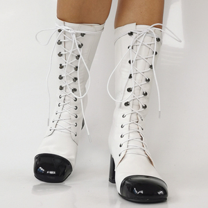 Women Black White Patchwork Square Toe Front Lace up Half Knee High <b>Boots</b> Big Size 47 Wide Fit 6CM Chunky Heels Shoes - Product Image 4