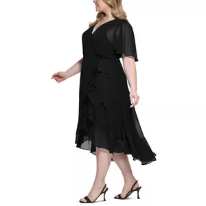 Plus Size Women Ruffled Wrap Black Long Summer Chiffon Elegant Casual Dinner Party Dresses