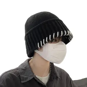 Toptan örme kasketleri kış moda özel Logo sıkıntılı nervürlü kova şapka Cuffless balıkçı kap bere