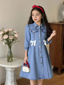 Abito in denim stile principessa con fiocco per ragazze adolescenti, per il commercio transfrontaliero europeo e americano - Product Image 2