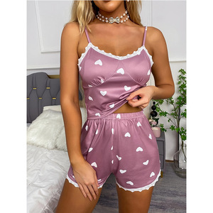 Conjunto de Pijama de Encaje Tejido y No Tejido de Verano para Mujer, Sexy, de Alta Calidad, Dos Piezas, Top Estampado y Pantalones Cortos, Estilo Vacacional, Ropa para el Hogar - Product Image 3