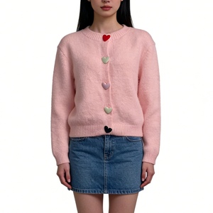 เสื้อคาร์ดิแกนถักขนฟูติดกระดุมรูปหัวใจสำหรับผู้หญิง - เสื้อสเวตเตอร์คอกลมแขนยาวทรงหลวมแฟชั่น - Product Image 2