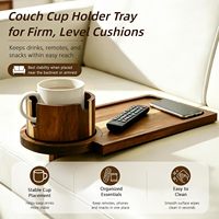 Plateau porte-gobelets pour canapé en bois d'acacia, organiseur de canapé 3-en-1 avec rotation à 360° °   Support de tasse rotatif pour canapé à coussins rigides, idéal pour collations, télécommandes et téléphones