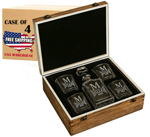 مجموعة ديكانتير ويسكي بالجملة من 4 قطع مع 4 أكواب وصندوق هدايا خشبي عتيق للنقش بالليزر، متوفرة في مستودعات الولايات المتحدة - Product Image 1