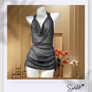 Halter Backless Bodycon <b>Dress</b> Black Satin Drawstring Club Wear - Product Image 4