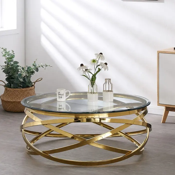 Roestvrij Stalen Frame Woonkamer Bijzettafel Gouden Glas Top Ronde Salontafel Moderne Sets Clear Mode Indoor