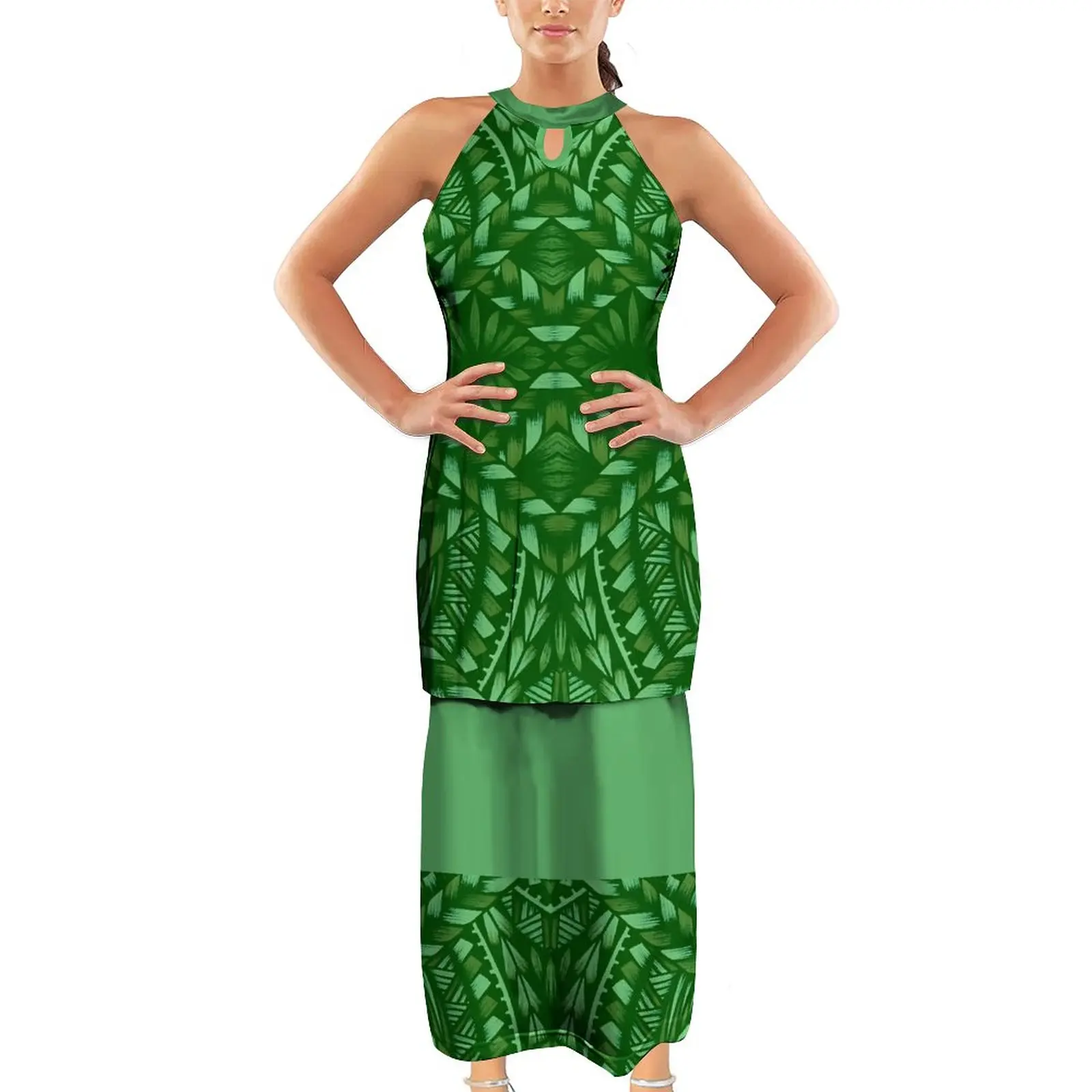 2022 Summer Green Sleeveless Dinner Dress Polynesian Samoan Design Puletas Dress Big Size 7XL Big People Top Skirt 2 Piece Set