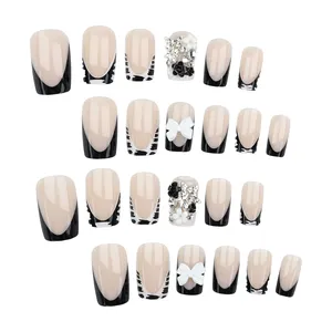 24 <span class=keywords><strong>faux</strong></span> ongles carrés courts en acrylique, noirs, style French, tendance Y2K, motifs 3D nœud papillon/étoile/fleur, charme Spicy Girls pour doigts - Product Image 6