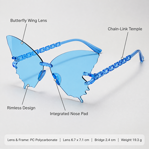 Lunettes de soleil papillon pour femmes, surdimensionnées, sans monture, avec verres PC monobloc, lunettes de soleil tendance, vente en gros, lunettes fantaisie - Product Image 2