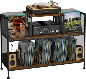 Wooden Metal Record And Vinyl Holder Record Storage Cabinet Record Player Table With 4 Adjustable Dividers