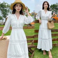 Robe blanche personnalisée en coton pour femmes, style rétro artistique français, col en V, dentelle brodée, manches longues, impression sexy, été décontractée