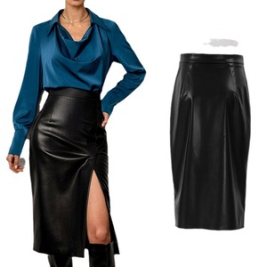 <span class=keywords><strong>Jupe</strong></span> mi-longue femme taille haute <span class=keywords><strong>en</strong></span> simili <span class=keywords><strong>cuir</strong></span> noir élégante silhouette trapèze fente latérale pour bureau fête tenue décontractée pour l'automne - Product Image 5