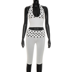 Viviblook J26ST130 Women Summer <b>Set</b> Halter Backless Tank Top Polka Dot Print Pleated High Waisted Cropped Pants Two Piece <b>Set</b> - Product Image 6