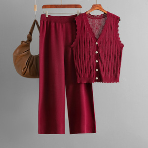 Conjunto de 2 Piezas para Mujer, Nuevo Cárdigan Sencillo Holgado sin Mangas, Pantalones Anchos de Punto, a la Moda - Product Image 6