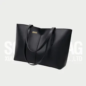 Soochic Dress Minimalist Large Luxury Leather Handbag Plain Black Stitching Handle Tote Bag Casual Top Zipper Hasp Open Purses