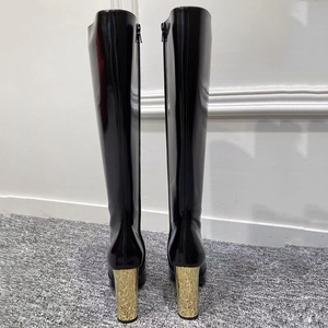 Gold Metal Chunky Heels Long Boots New Trendy Solid Square Toe Women's Knee High Boots Custom Matte Patent <b>Shoes</b> - Product Image 5