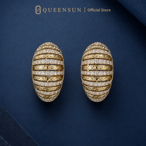 Pendientes <span class=keywords><strong>de</strong></span> Oro Sólido <span class=keywords><strong>de</strong></span> 9K con Diamantes en Forma Ovalada, Diseño Acanalado con Pavé Diagonal, Clip Francés, Pendientes <span class=keywords><strong>de</strong></span> Lujo <span class=keywords><strong>para</strong></span> <span class=keywords><strong>Mujer</strong></span> - Product Image 2